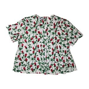 90s XL Top Notch Womens Rose Floral Tshirt Blouse Pleated Valentines Cute Red